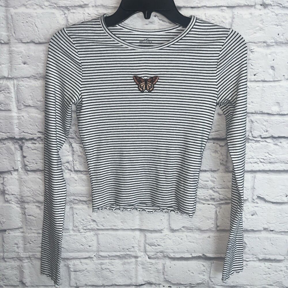 Hollister Y2K Cropped Stripped Long Sleeve Top With Butterfly Size S